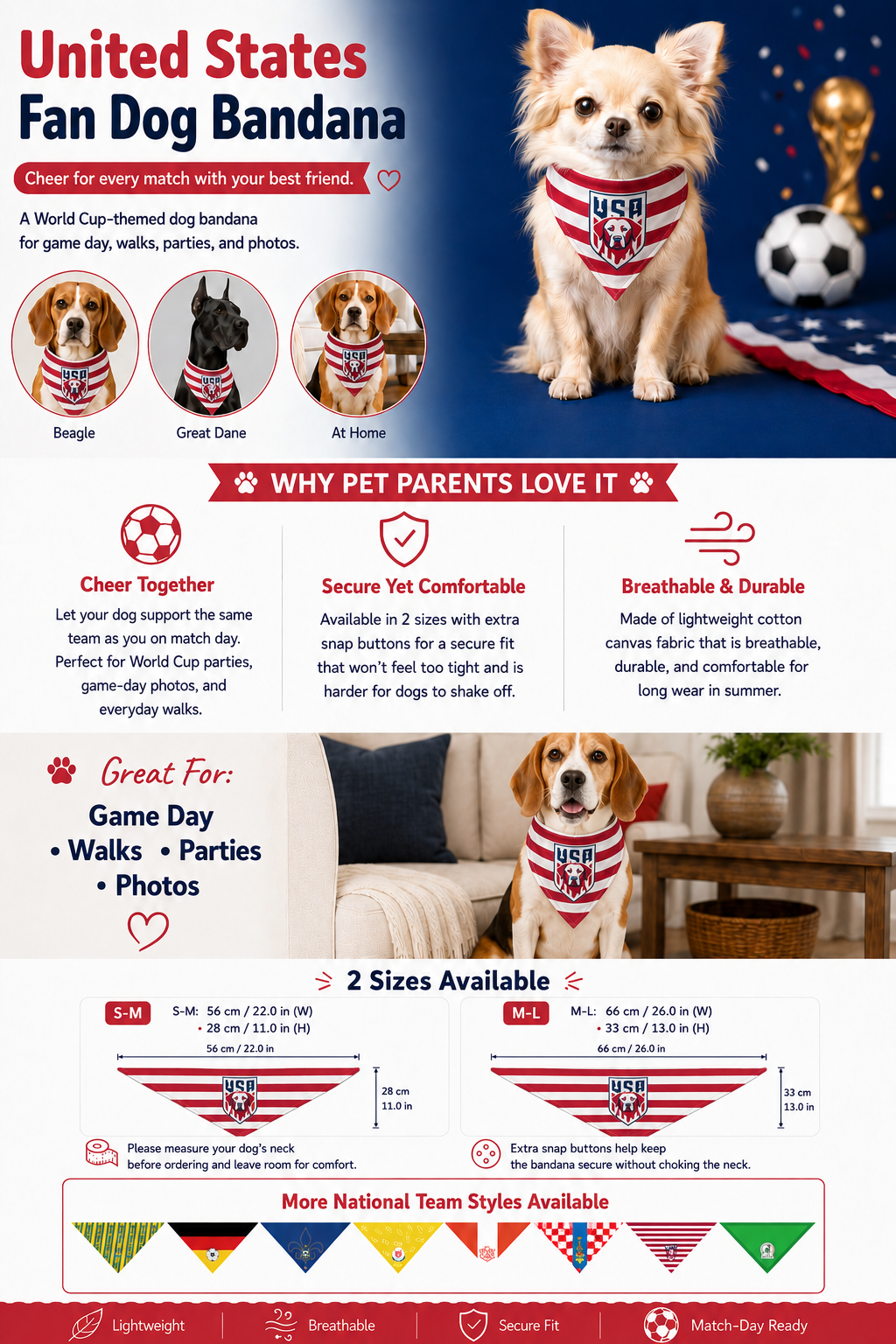 Fan Dog Bandana Usa, Stylish Accessory for Daily Wear, Perfect Gift Idea, Durable Material, Easy to Match Any